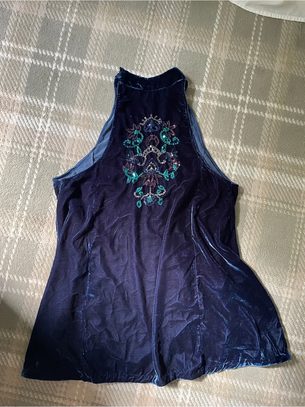 Free People Jills blue velvet sequin halter swing mini dress L